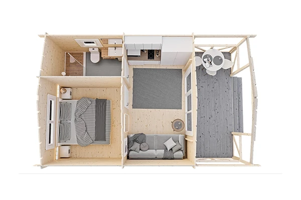 Гостевой дом 34 — полноценная «дача из коробки»: габариты — 7,5 х 4,9 м, три помещения, терраса.