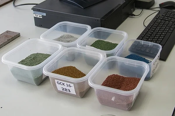 На заводе в Рязани всегда в запасе десятки цветов базальтовой посыпки. Цветовая гамма тщательно контролируется в лабораторных условиях.