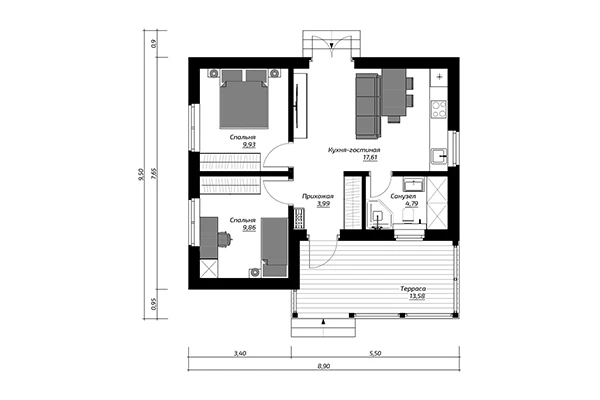 СМАРТ 60 — компактный и рационально спланированный одноэтажный дом, по планировке напоминающий квартиру-евротрёшку комфорт-класса.