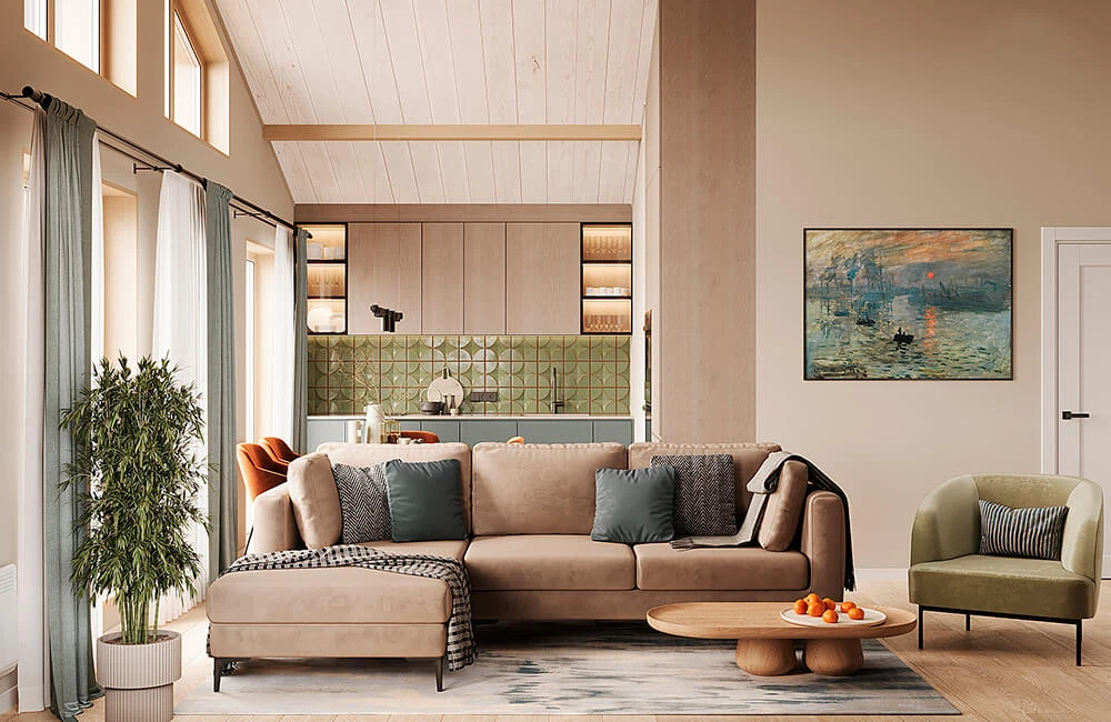 Визуализация интерьера кухни-гостиной МОНЕ 75: наклонные потолки, полуоткрытые балки в интерьере и большие окна со вторым светом не дадут вам забыть о том, что вы в доме, а не в квартире.