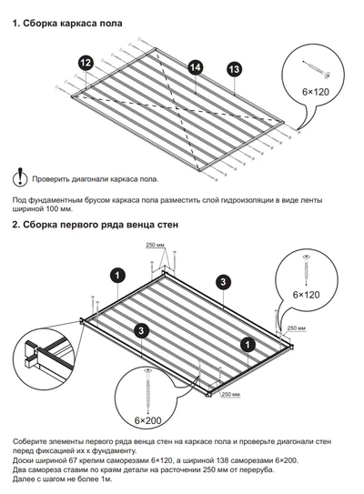 Так выглядит инструкция по сборке. Для сборки используют конструкционные саморезы 6х120 мм.