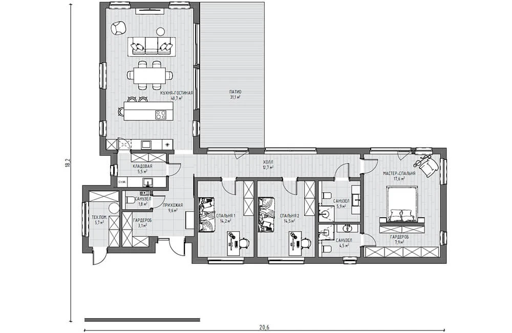 Угловые одноэтажные дома Г-образной формы Угловые одноэтажные дома Г-образной формы