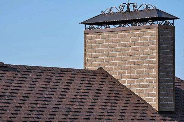 На скатах — гибкая черепица, на дымоходах — фасадная плитка.