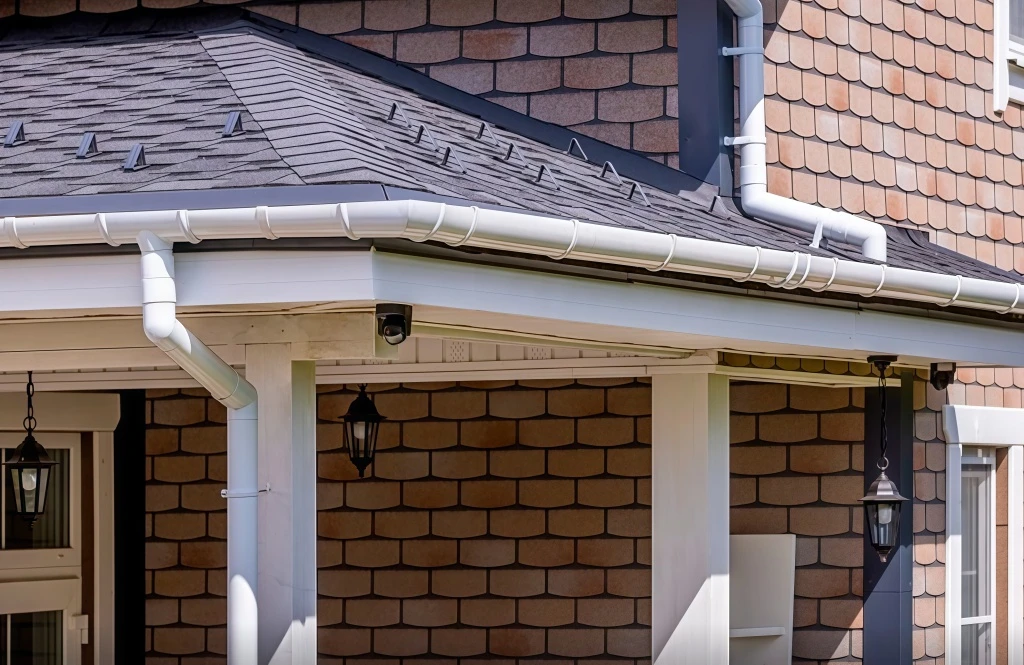 Водосточная система в сборе: желоба, воронки, трубы, колена и сливы.