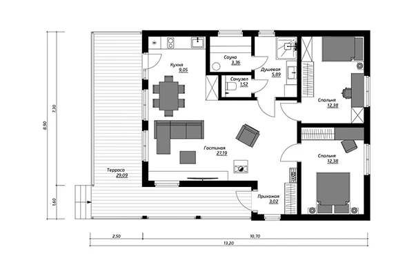 Дом МОНЕ 75. Пятно застройки — около 9х13 м. Отапливаемая площадь — 74,8 кв. м плюс полуоткрытая терраса с крыльцом почти тридцать квадратов — итого 104 кв. м.