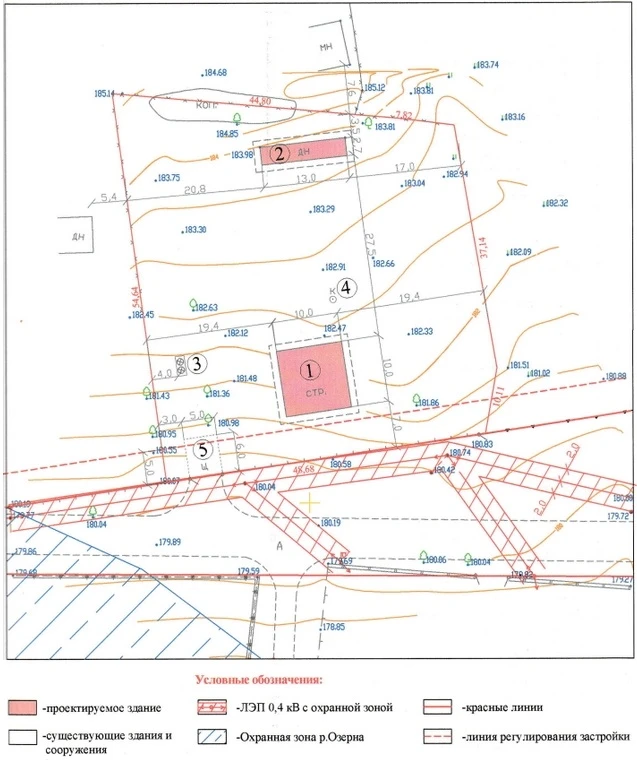 Волнистые линии обозначают рельеф, синие цифры — высоты и обозначены большие деревья