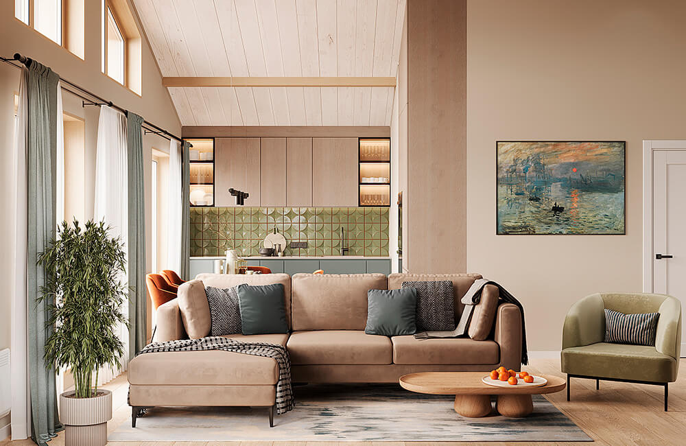 Визуализация интерьера кухни-гостиной МОНЕ 75: наклонные потолки, полуоткрытые балки в интерьере и большие окна со вторым светом не дадут вам забыть о том, что вы в доме, а не в квартире.