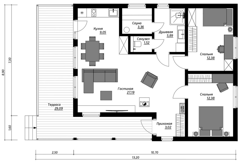 Это базовый вариант: площадь объединенного пространства «кухня–гостиная–прихожая» дает широкие возможности зонирования. Благодаря возможности «отзеркалить» планировку, можно добиться оптимальной ориентации по сторонам света в зависимости от расположения заезда на участок. Еще одна особенность проекта — не просто санузел, а ванная комната с помещением под сауну. Это базовый вариант: площадь объединенного пространства «кухня–гостиная–прихожая» дает широкие возможности зонирования. Благодаря возможности «отзеркалить» планировку, можно добиться оптимальной ориентации по сторонам света в зависимости от расположения заезда на участок. Еще одна особенность проекта — не просто санузел, а ванная комната с помещением под сауну.