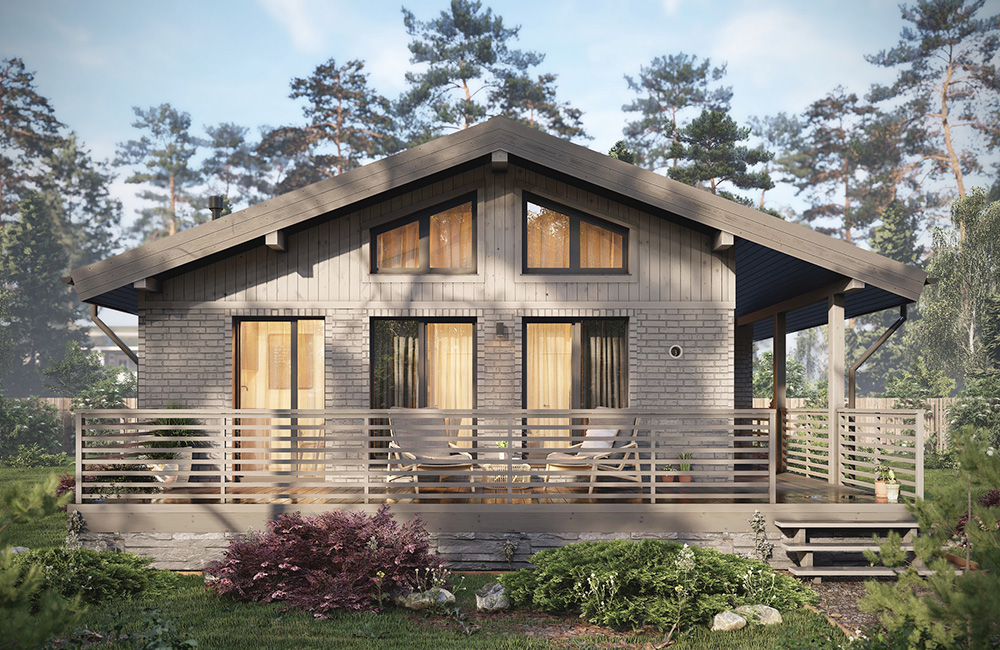 Вариант облицовки дома МОНЕ 75 от ДОМ ТЕХНОНИКОЛЬ: нижний уровень, который подвергается максимальным нагрузкам, — износостойкие фасадные панели. Верхний – вертикальная отделка имитацией бруса